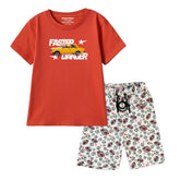 FASTER BOYS SHORT SLEEVE RED T.SHIRT & FOOTBALL PRINTED SHORTS