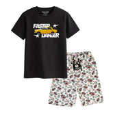 FASTER BOYS SHORT SLEEVE BLACK T.SHIRT & FOOTBALL PRINTED SHORTS