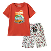 HELLO SUN SHINE BOYS SHORT SLEEVE RED T.SHIRT & FOOTBALL PRINTED SHORTS