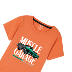 MUSCLE RIDE PRINTED ORANGE BOYS T.SHIRT