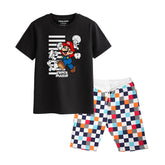 MARIO BROS BOYS SHORT SLEEVE BLACK T.SHIRT & BOX PRINTED SHORTS (SF-28109)