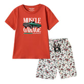 MUSCLE GARAGE BOYS SHORT SLEEVE RED T.SHIRT & FOOTBALL PRINTED SHORTS