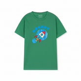 Green t-shirt with a rocket graphic on a white background