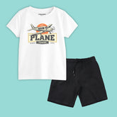 PLANE TOUR BOYS SHORT SLEEVE WHITE T.SHIRT & BLACK SHORTS (SF-27911)
