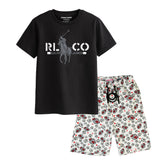 POLO BOYS SHORT SLEEVE BLACK T.SHIRT & FOOTBALL PRINTED SHORTS (SF-29214)