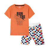 RUN ON THE WILD SIDE BOYS SHORT SLEEVE ORANGE T.SHIRT & BOXES SHORTS (SF-28914)