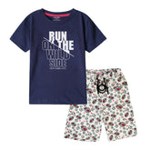 RUN ON THE WILD SIDE BOYS SHORT SLEEVE NAVY T.SHIRT & FOOTBALL PRINTED SHORTS (SF-28415)