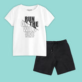 RUN ON THE WILD SIDE BOYS SHORT SLEEVE WHITE T.SHIRT & BLACK SHORTS (SF-27913)