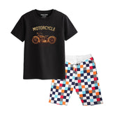 VINTAGE BIKE BOYS SHORT SLEEVE BLACK T.SHIRT & BOX PRINTED SHORTS (SF-28118)