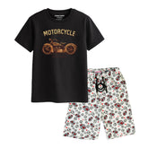VINTAGE BIKE BOYS SHORT SLEEVE BLACK T.SHIRT & FOOTBALL PRINTED SHORTS (SF-29218)