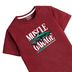 DIGITAL MUSCLE GARAGE PRINTED MEHROON JUNIOR BOYS T.SHIRT
