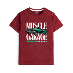 DIGITAL MUSCLE GARAGE PRINTED MEHROON JUNIOR BOYS T.SHIRT