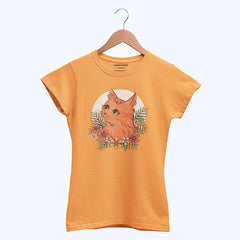 DIGITAL PRINTED CUTE CAT JUNIOR BLAZING ORANGE COLOR GIRLS T.SHIRT
