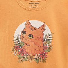 DIGITAL PRINTED CUTE CAT JUNIOR BLAZING ORANGE COLOR GIRLS T.SHIRT