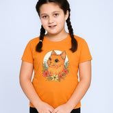 ORANGE PRINTED CUTE CAT JUNIOR BLAZING GIRLS T.SHIRT