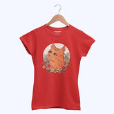 DIGITAL PRINTED CUTE CAT JUNIOR FIERY RED COLOR GIRLS T.SHIRT