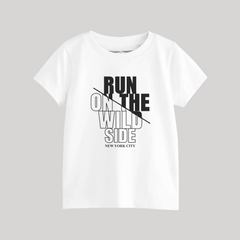 RUN ON THE WILD SIDE PRINTED WHITE JUNIOR BOYS T.SHIRT