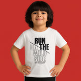 RUN ON THE WILD SIDE PRINTED WHITE JUNIOR BOYS T.SHIRT