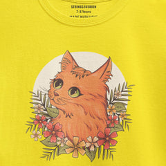 DIGITAL PRINTED CUTE CAT JUNIOR CANARY YELLOW COLOR GIRLS T.SHIRT