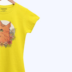 DIGITAL PRINTED CUTE CAT JUNIOR CANARY YELLOW COLOR GIRLS T.SHIRT