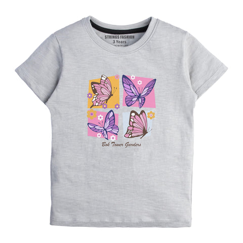 GREY PRINTED FOUR COLOR BUTTERFLIES GIRLS T.SHIRT