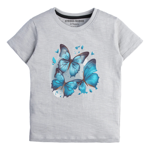 GREY PRINTED BLUE BUTTERFLIES PROCESS CANARY GIRLS T.SHIRT