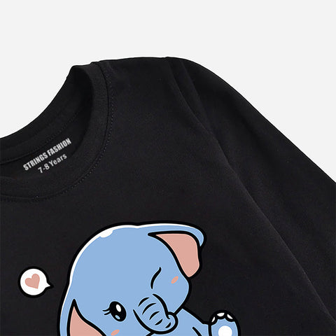 BABY ELEPHANT JET BLACK GIRLS LONG SLEEVE T-SHIRT