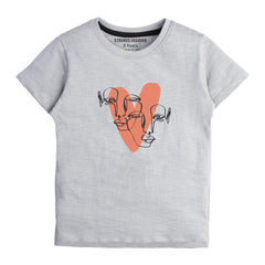 GREY PRINTED COUPLE FACES IN HEART GIRLS T.SHIRT