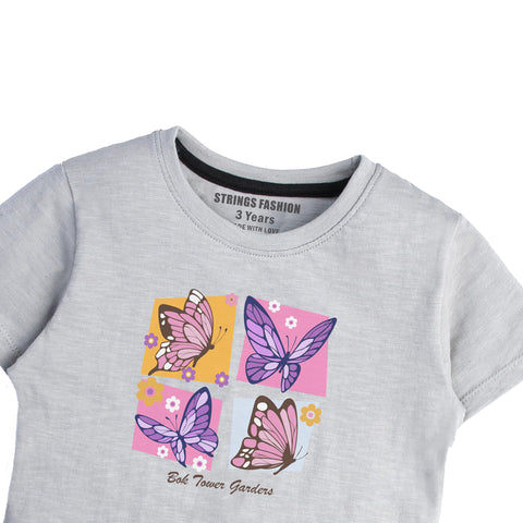 GREY PRINTED FOUR COLOR BUTTERFLIES GIRLS T.SHIRT