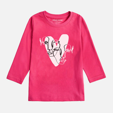 DIGITAL PRINTED HEART CALIGRAPHY JUNIOR PARADISE PINK COLOR GIRLS LONG SLEEVE T.SHIRT