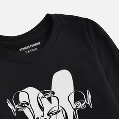 DIGITAL PRINTED HEART CALIGRAPHY JUNIOR JET BLACK COLOR GIRLS LONG SLEEVE T.SHIRT