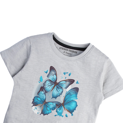 GREY PRINTED BLUE BUTTERFLIES PROCESS CANARY GIRLS T.SHIRT