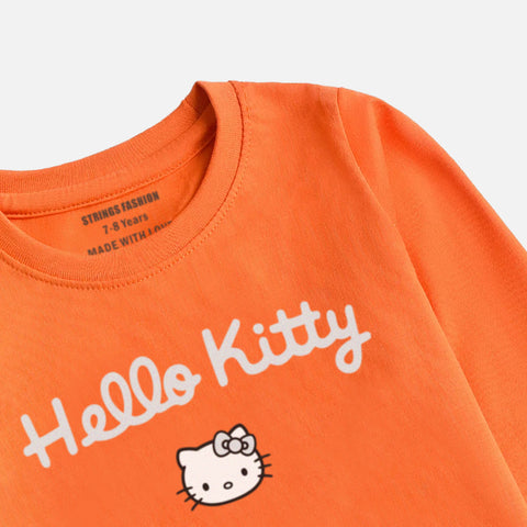 DIGITAL PRINTED HELLO KITTY JUNIOR MOCK ORANGE COLOR GIRLS LONG SLEEVE T.SHIRT