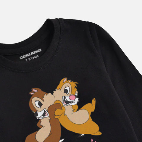 DIGITAL PRINTED CHIP & DALE JUNIOR JET BLACK COLOR GIRLS LONG SLEEVE T.SHIRT