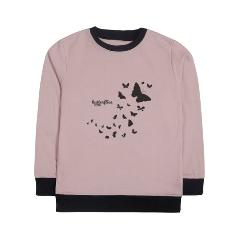 Digital Printed Butterflies Junior Pink Header Color Girls Long Sleeve Sweat-Shirt