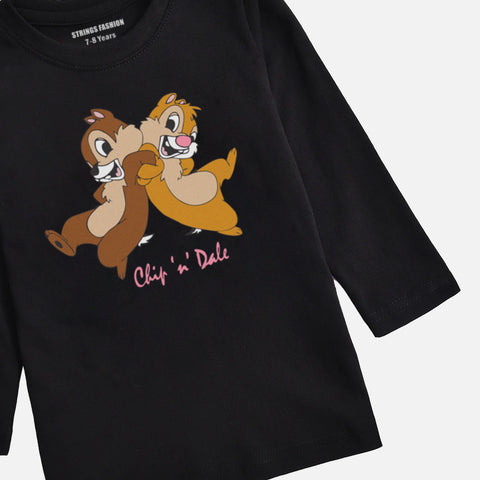 DIGITAL PRINTED CHIP & DALE JUNIOR JET BLACK COLOR GIRLS LONG SLEEVE T.SHIRT