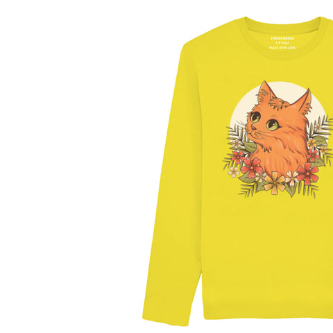 DIGITAL PRINTED CUTE CAT JUNIOR BLAZING YELLOW COLOR GIRLS LONG SLEEVE T.SHIRT