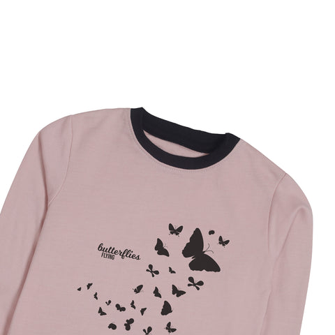 Digital Printed Butterflies Junior Pink Header Color Girls Long Sleeve Sweat-Shirt