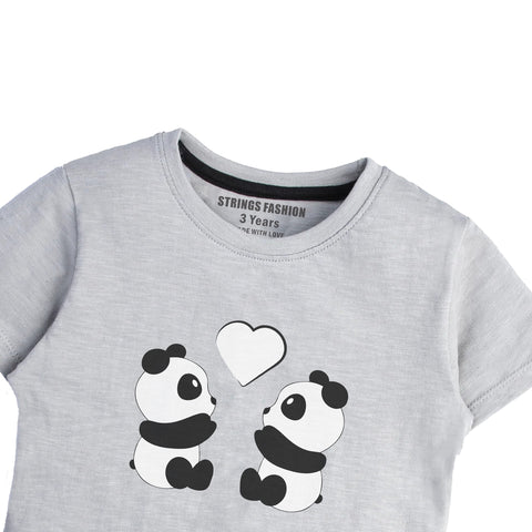 CUTE PANDA COUPLE GREY PRINTED GIRLS SHORT SLEEVE T-SHIRT