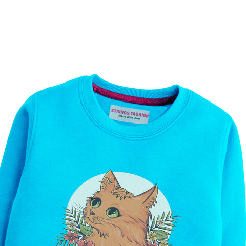 CUTE CAT GIRLS SKY BLUE SHADE TERYY FABRIC SWEAT-SHIRT