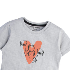 GREY PRINTED COUPLE FACES IN HEART GIRLS T.SHIRT