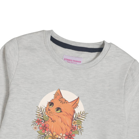 CUTE CAT GIRLS OATMEAL SHADE FLEECE SWEAT-SHIRT