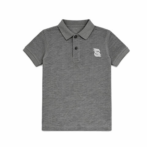 Gray polo shirt with a small logo on a white background