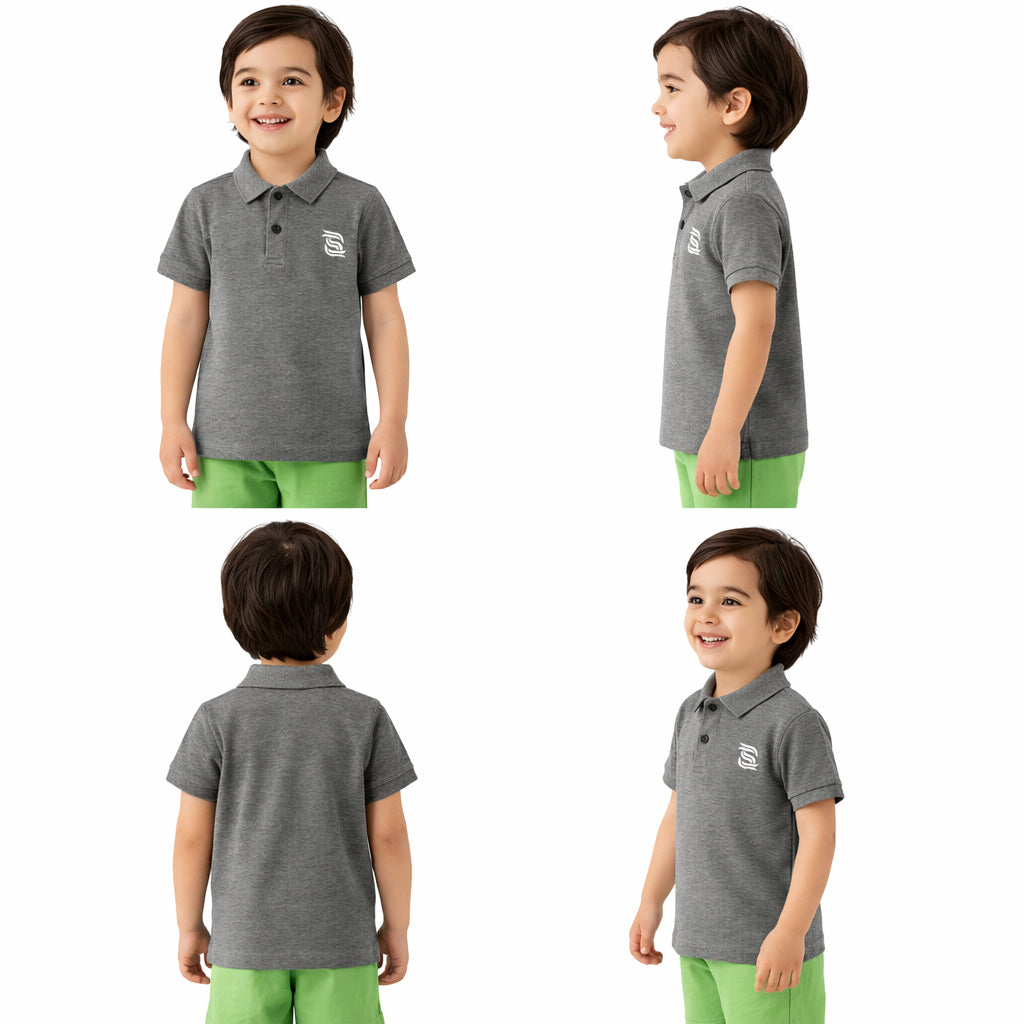 Child wearing a gray polo shirt with a logo, shown from front, side, back, and front again on a white background.
