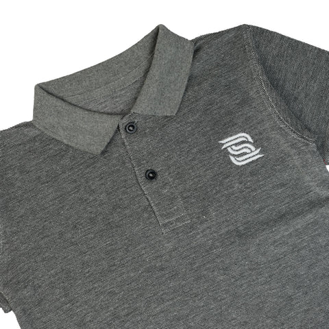 Gray polo shirt with a logo on a white background