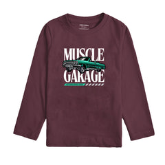 MUSCLE GARAGE PRINTED BURGUNDY BOYS LONG SLEEVE T.SHIRT