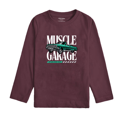 MUSCLE GARAGE PRINTED BURGUNDY BOYS LONG SLEEVE T.SHIRT