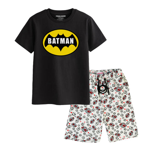 BATMAN BOYS SHORT SLEEVE BLACK T.SHIRT & FOOTBALL PRINTED SHORTS