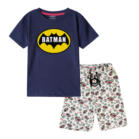 BATMAN BOYS SHORT SLEEVE NAVY T.SHIRT & FOOTBALL PRINTED SHORTS (SF-28402)