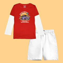 BEACH BOUND BOYS LONG SLEEVE RED & WHITE T.SHIRT & SHORTS (SF-26703)